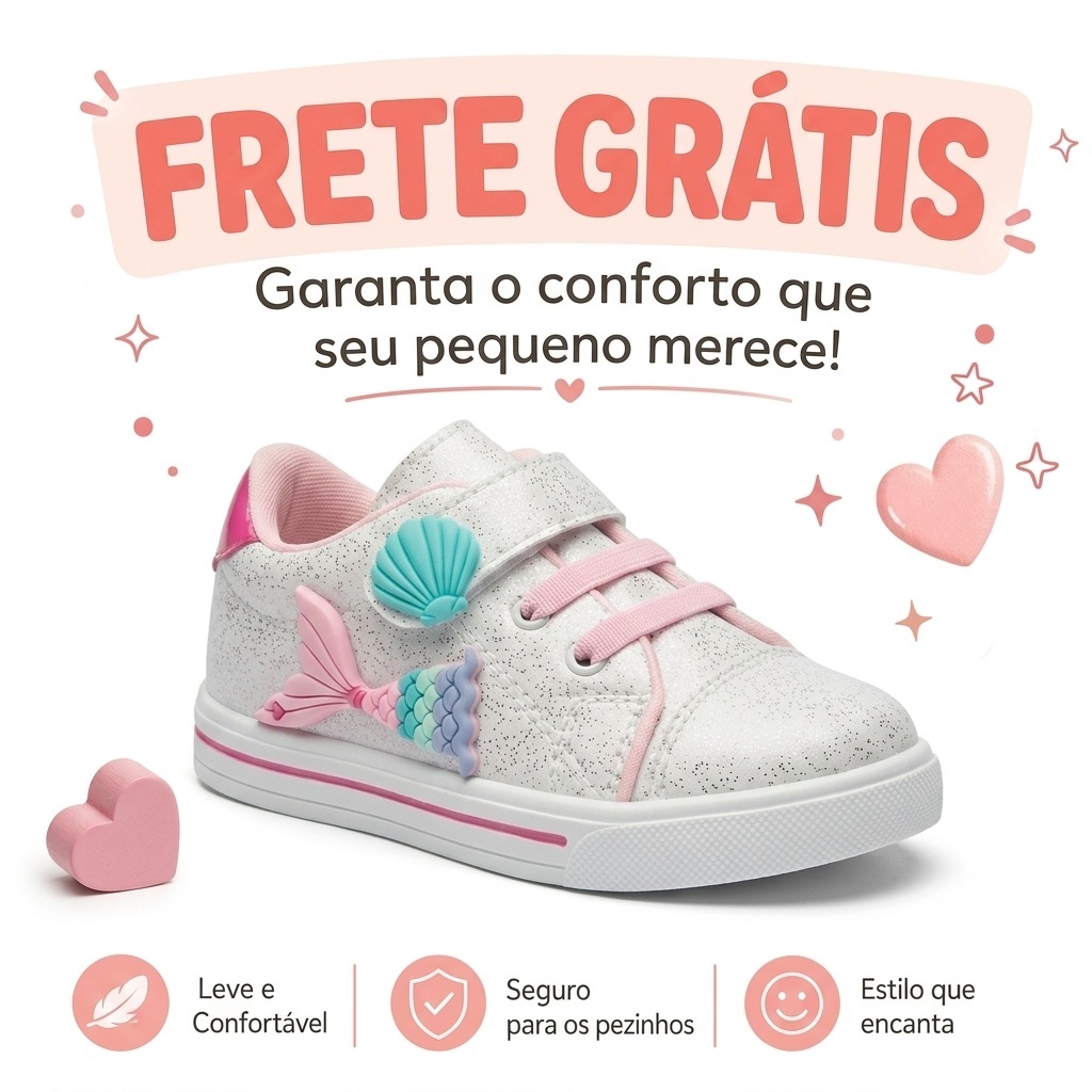 Tênis Infantil Menina Sereia Baby Calce Fácil Leve Macio Confortável Dia Dia Criança Passeio Escola