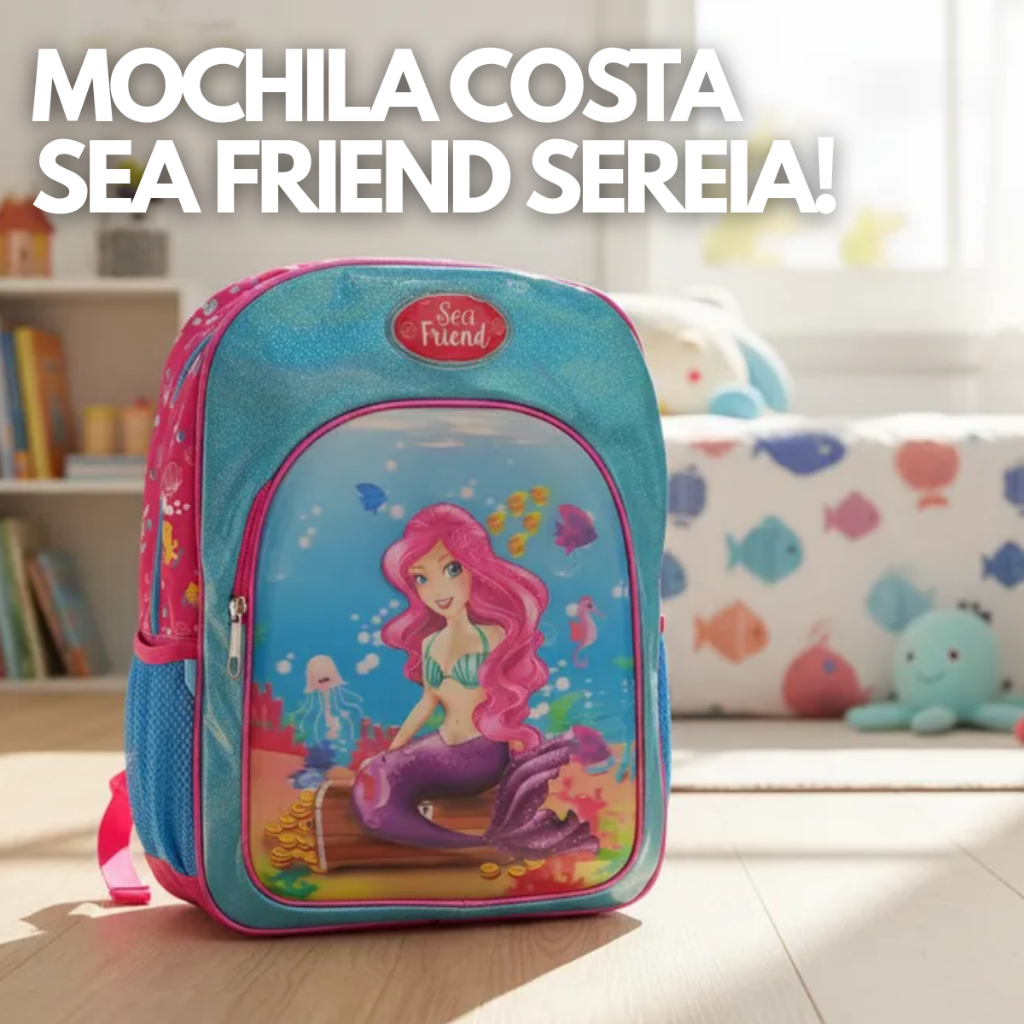 Mochila Costas Infantil Sea Friend Sereia Menina Escola Material Volta As Aulas Alça Feminino