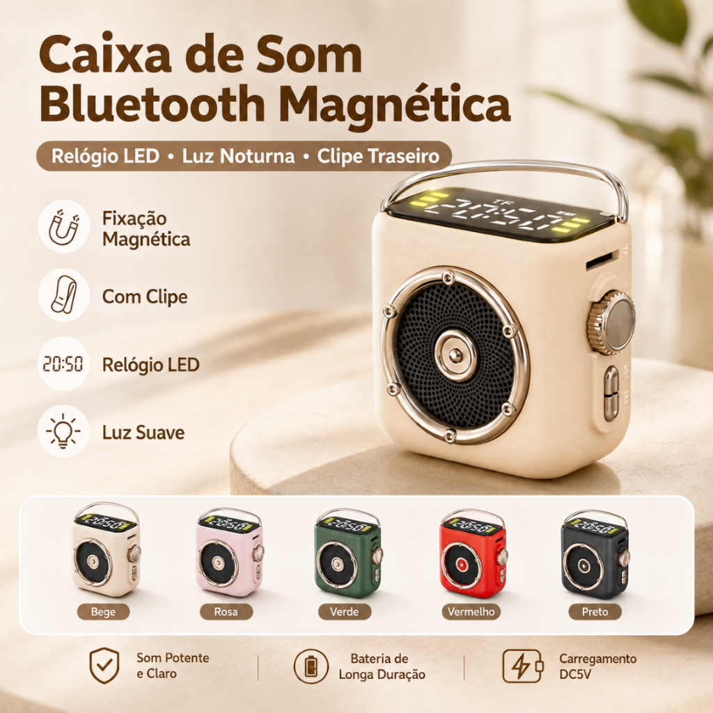 Alto-Falante Bluetooth Portátil Com Montagem Magnética , Clipe Traseiro , Display De Relógio LED E Luz Noturna Quente