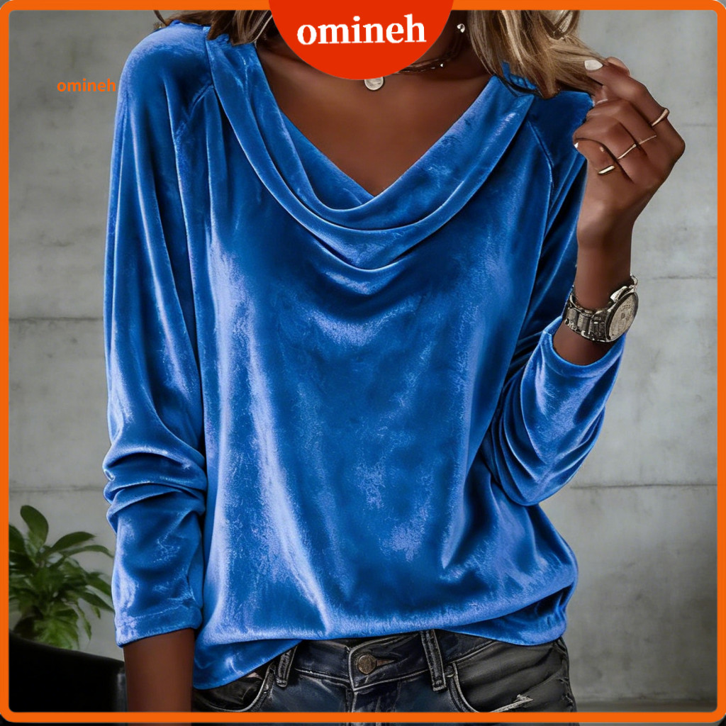 Women Tops Autumn Casual Blouse Women’s Loose Fit Velvet Pullover Top Large Neckline Long Sleeve Solid Color Spring Sh