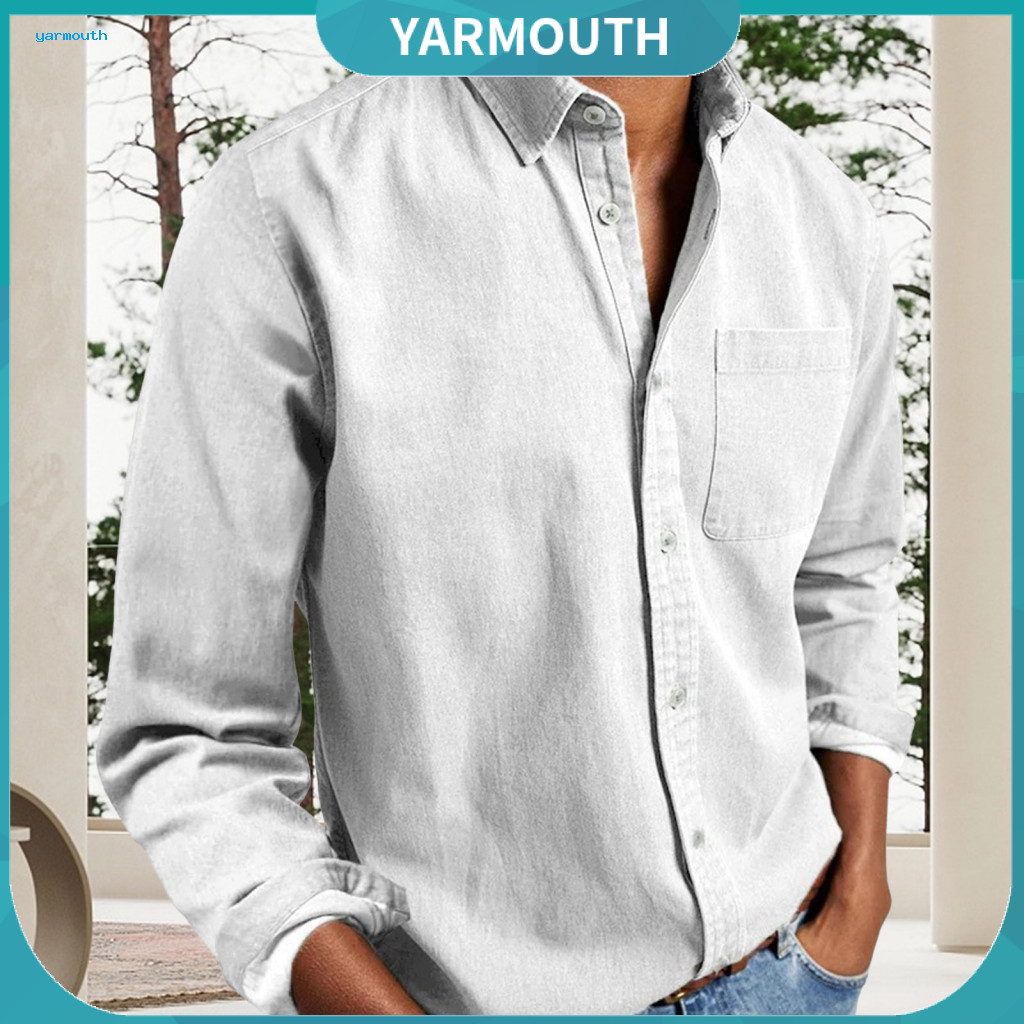 Men Casual Shirt Solid Color Men's Spring with Chest Pocket Turn-down Collar Single-breasted Loose Fit Mid-length Formal