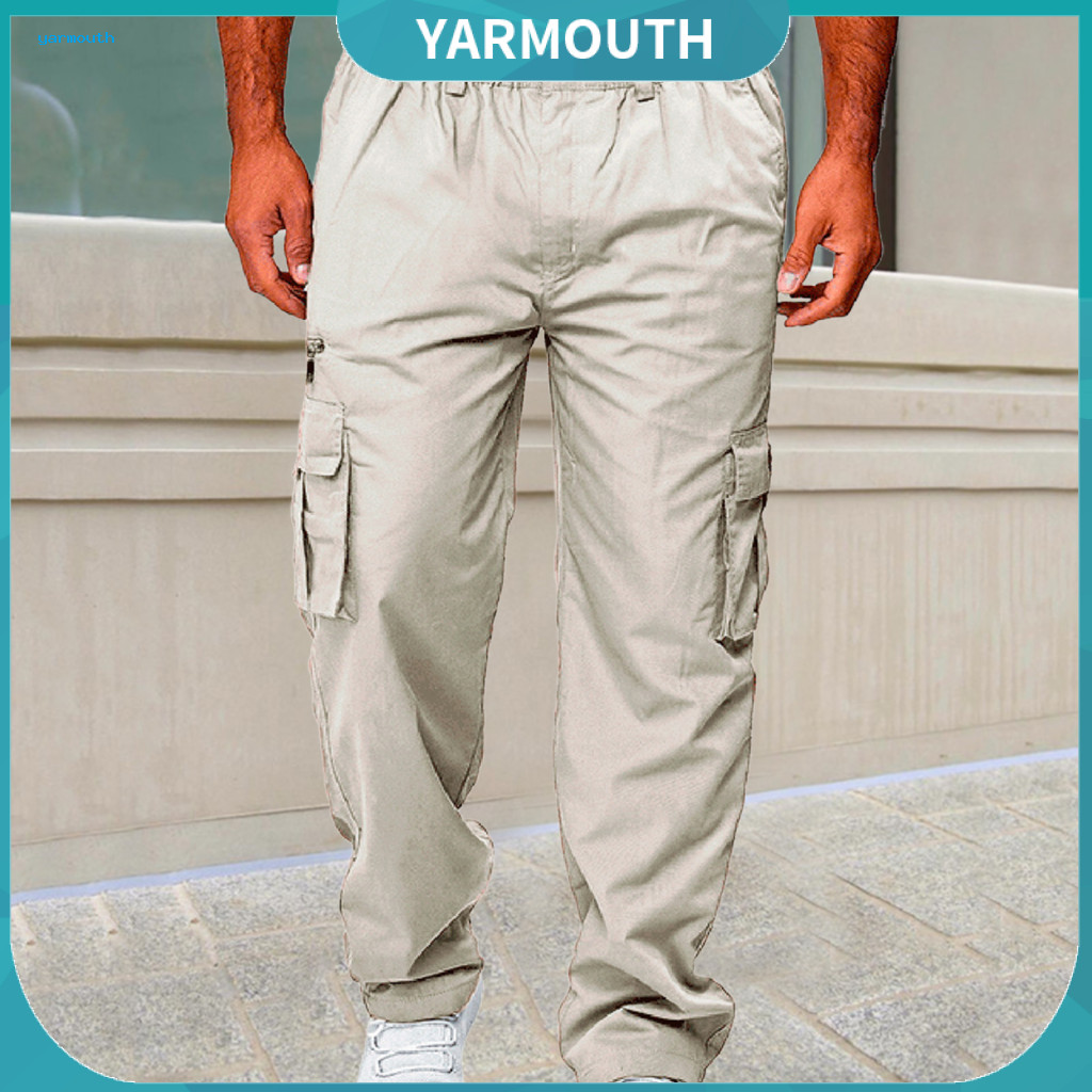 Reinforced Pocket Pants Men's Spring Fall Cargo Multi Pockets Elastic Waist Stretchy Straight Leg Joggers Casual Loose S