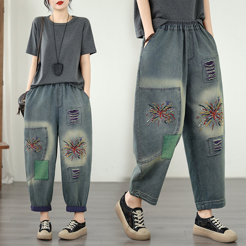 2026 Spring/Summer Plus Size Soft Denim Embroidered Elastic Waist Loose Slimming Casual Versatile Dad Pants Tapered Pant