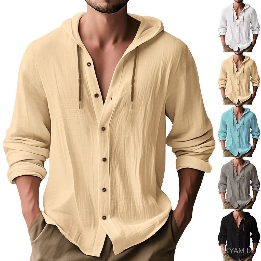 [Casual shirt]Saint Paul Slimming Spring solid color linen shirt, loose and lightweight, hooded cotton-linen top, sun pr