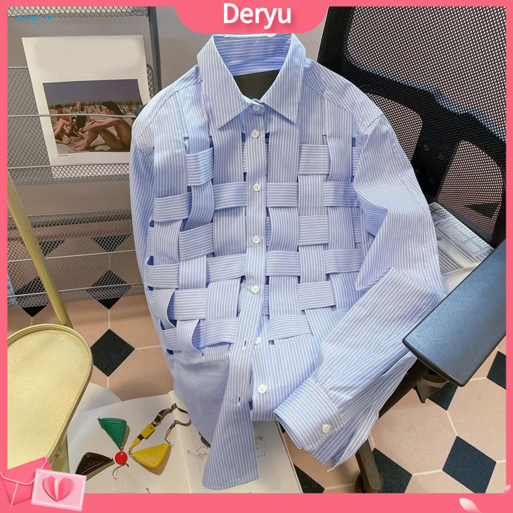 Men Braided Shirt Fall Men's Spring Long Sleeve Striped Cardigan Single-breasted Loose Fit with Turn-down Collar Casual