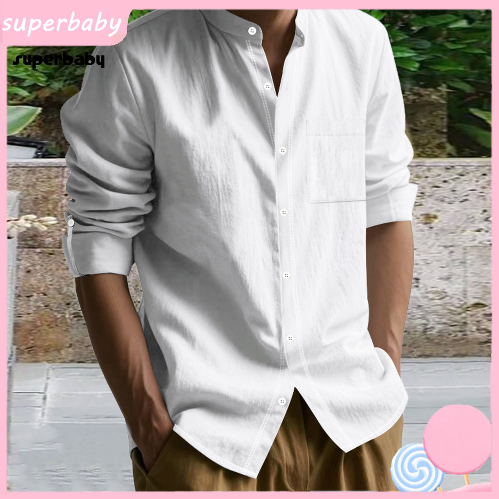 Solid Color Men Top Spring Shirt Men's Casual Long Sleeve with Chest Pocket Stand Collar Button-down Front – Loose Fit