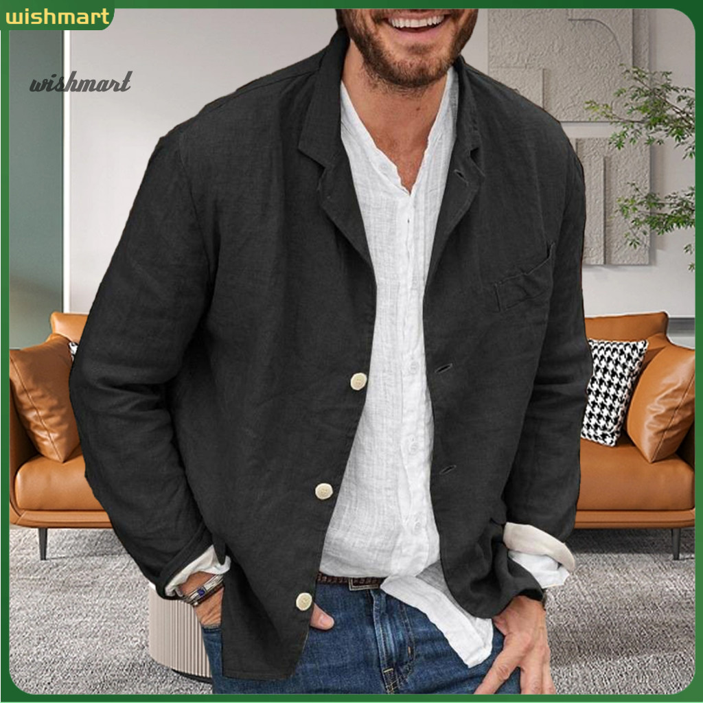 Men Spring Autumn Shirt Single-breasted Men's Casual Cotton Linen Jacket Blazer Loose Fit Suit Collar Button Front Solid