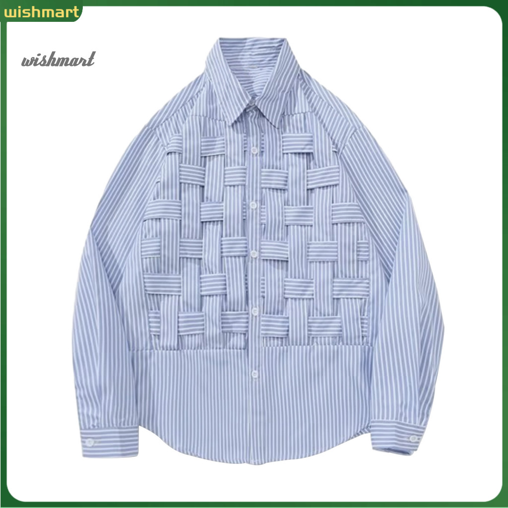 Single-breasted Shirt Men Daily Top Men's Spring Long Sleeve Striped Cardigan Loose Fit with Turn-down Collar Casual Bra