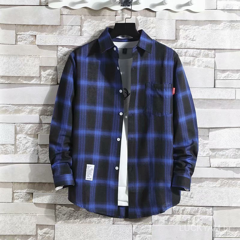 [Hong Kong style shirt]Casual top Spring and Autumn Thin Plaid Long-Sleeve Loose-Fit Men's Shirt ins Trendy Korean-style