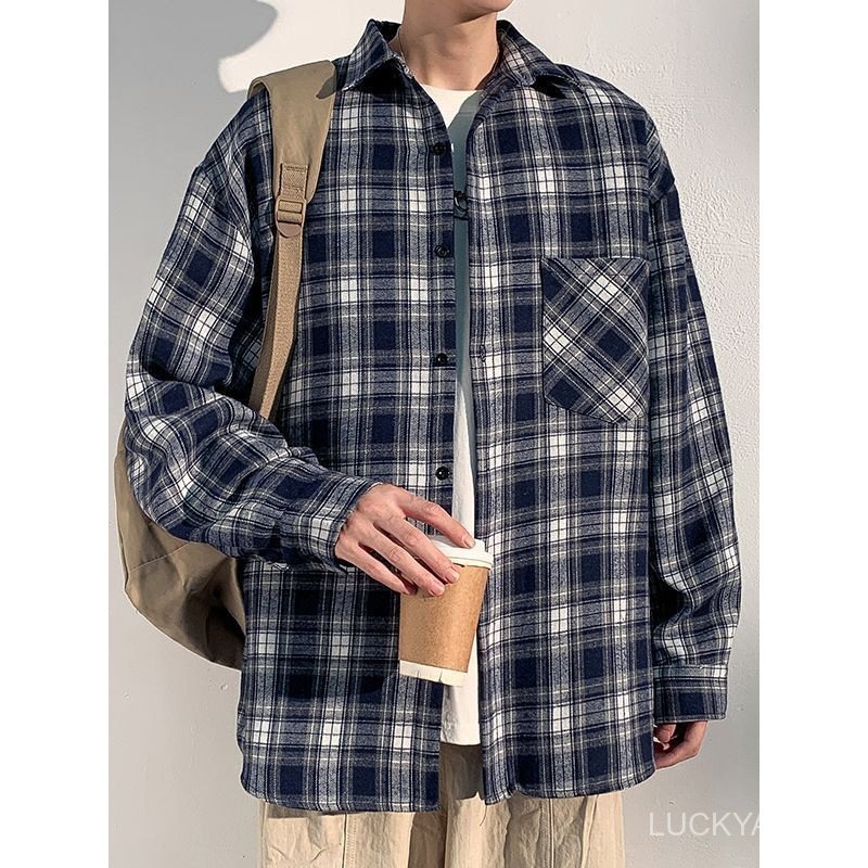 [Japanese-style shirt]Plaid Shirt New plaid American-style retro long-sleeve loose-fit spring and autumn men's casual sh