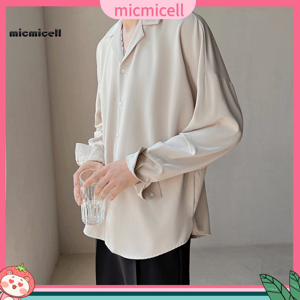 Men Loose Fit Shirt Casual Button-up Men's Spring Breathable Long Sleeve V-neck Turn-down Collar Solid Color Business fo