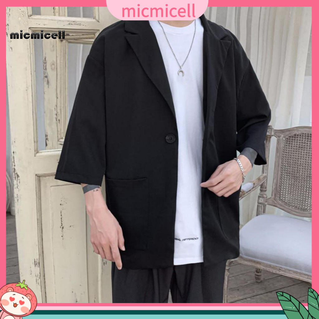 Men Three-quarter Sleeve Suit Coat Casual Men's Spring Summer Jacket Single-button Solid Color 3/4 Loose Fit Blazer for