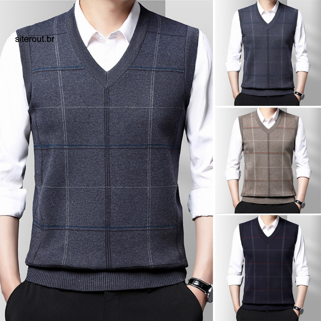 Men Knitted Vest Sleeveless Sweater Men's Spring Fall Soft Warm Pullover with V Neck and Plaid Print Loose Fit Casual fo