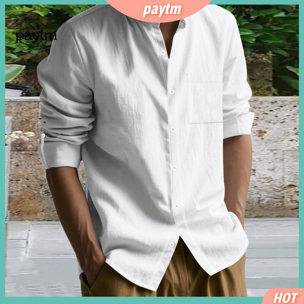 Men Spring Shirt Chest Pocket Men's Casual Long Sleeve with Stand Collar Button-down Front – Solid Color Loose Fit Car