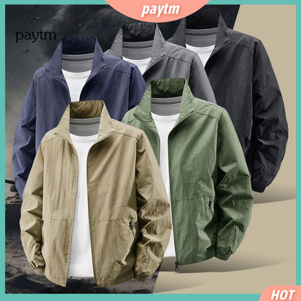Casual Men Coat Men's Stand Collar Jacket with Zipper Long Sleeve Spring Autumn Loose Fit Outerwear Pockets Solid Color