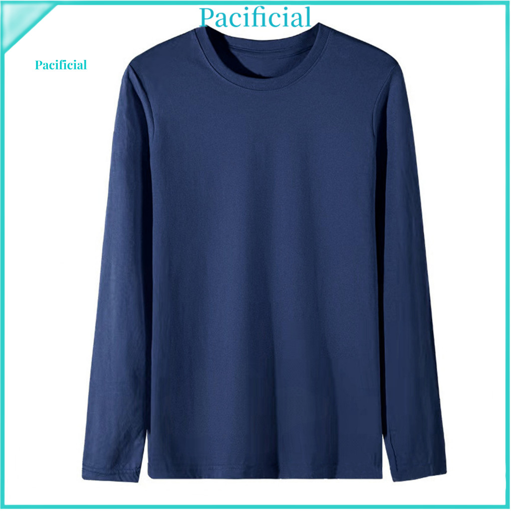 Stylish Round Neck Men Tee Cotton Long Sleeve T-shirt Men's Crew Loose Fit Casual Base Shirt Solid Color for Spring Autu