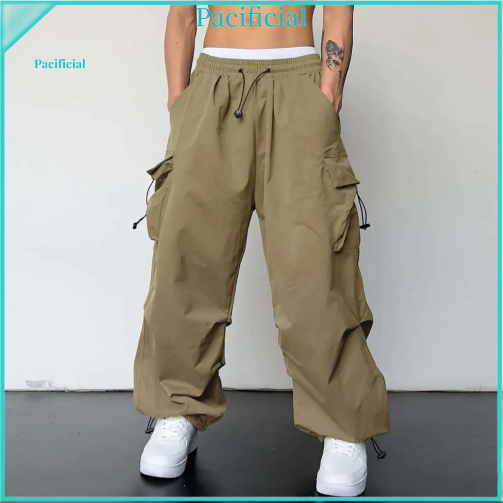 Men Baggy Pants with Secure Pockets Loose Fit Cargo Reinforced Men's Casual Hip Hop Style Elastic for Spring