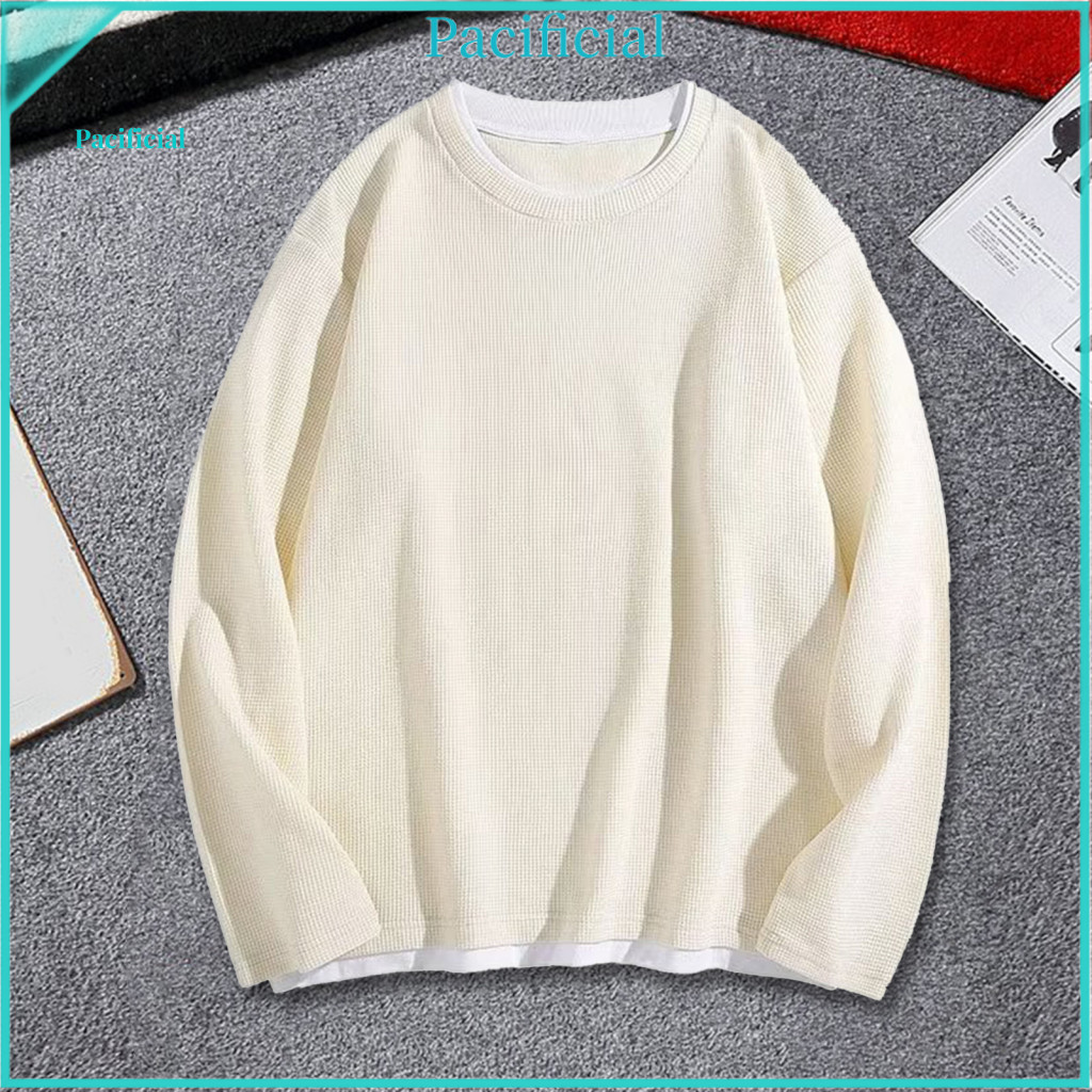 Polyester Sweatshirt Color Block Men's Casual Two-piece Look Waffle Long Sleeve Loose Pullover for Spring Autumn Daily W