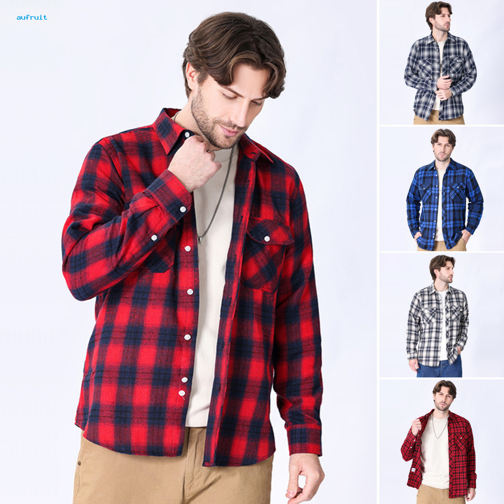 Men Plaid Shirt Lapel for Men's Long Sleeve Casual Flannel Top Loose Fit Button-down for Spring Autumn Office Party Vaca
