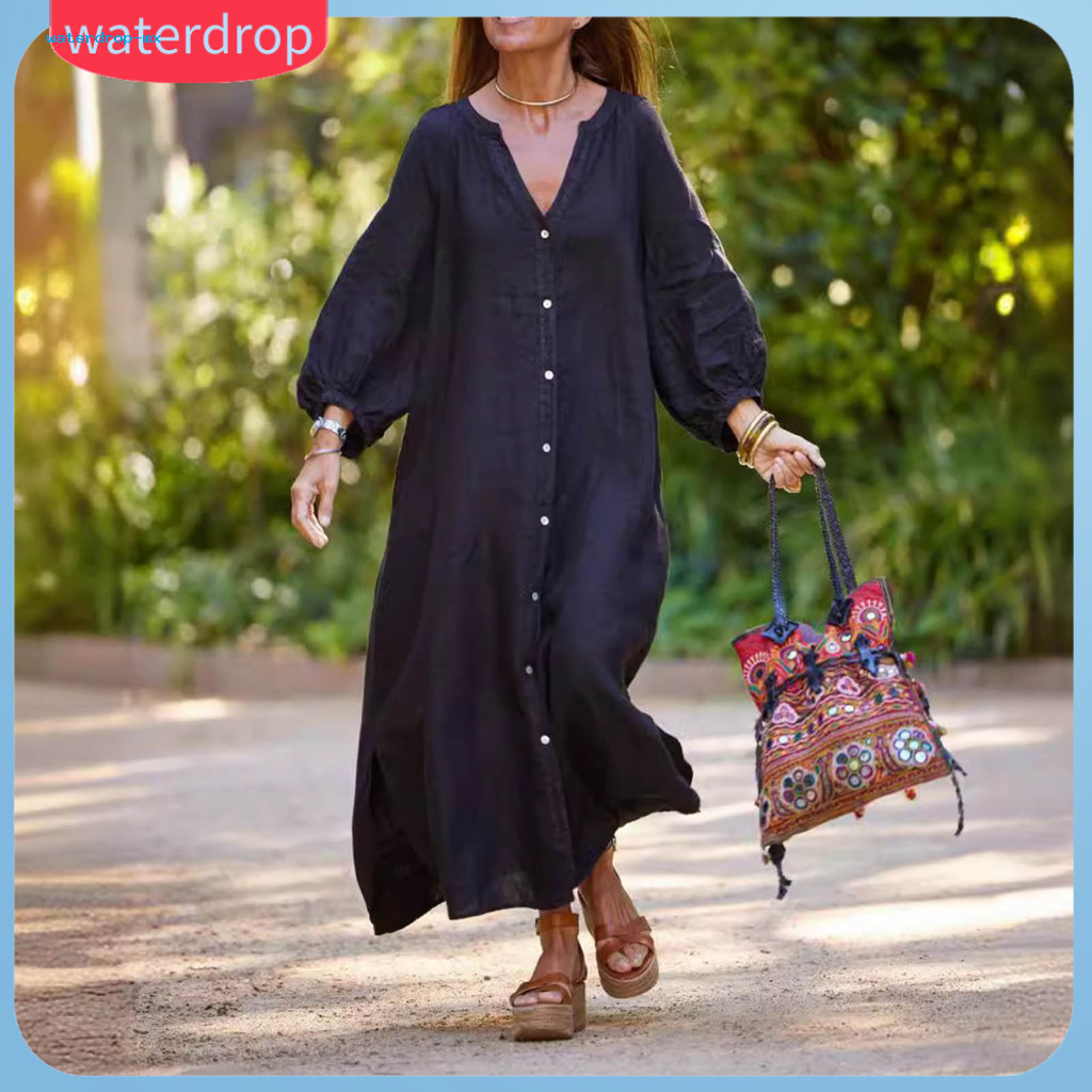 Spring Autumn Women’s Casual Maxi Dress Loose Fit V-neck Button-down Cardigan Style Three-quarter Sleeves Solid Color