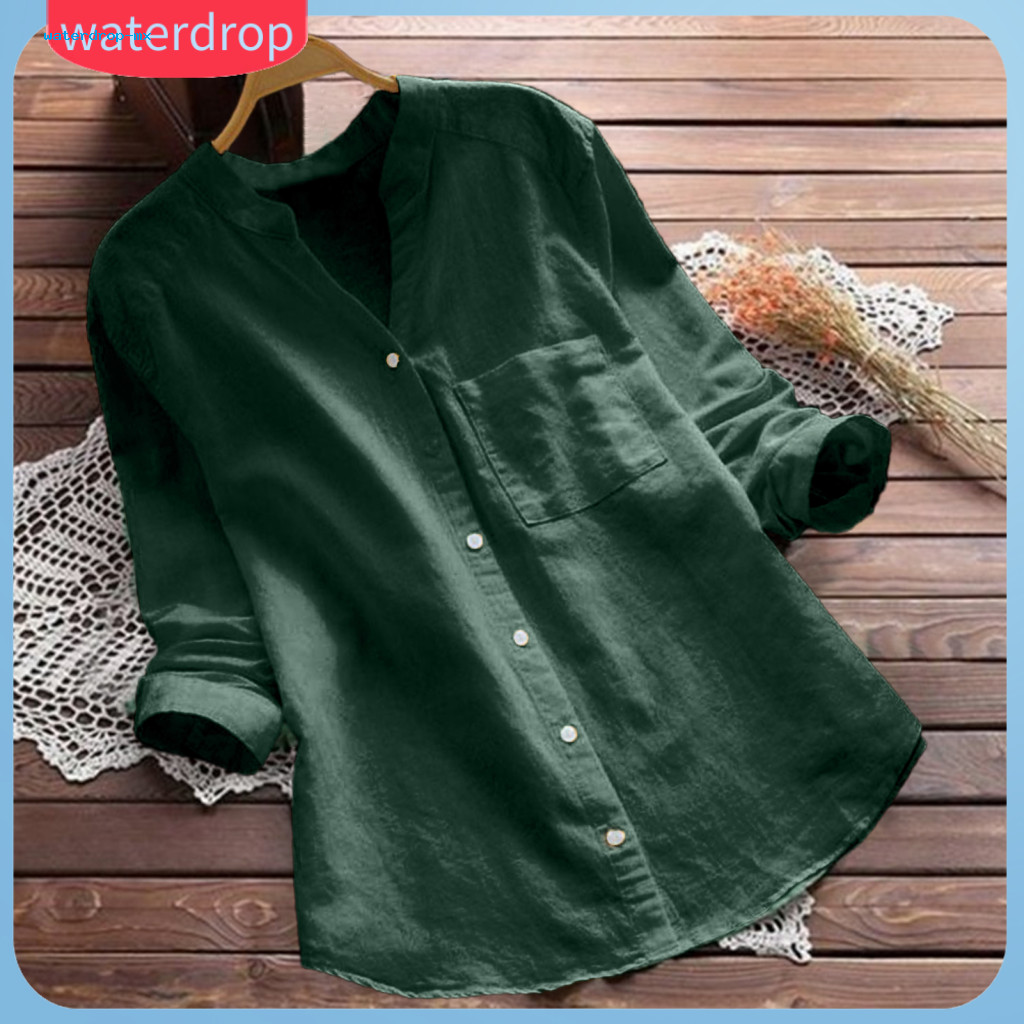 Women’s Casual V-neck Long Sleeve Shirt Loose Fit Breathable Top Solid Color Single-breasted Blouse for Spring and Aut