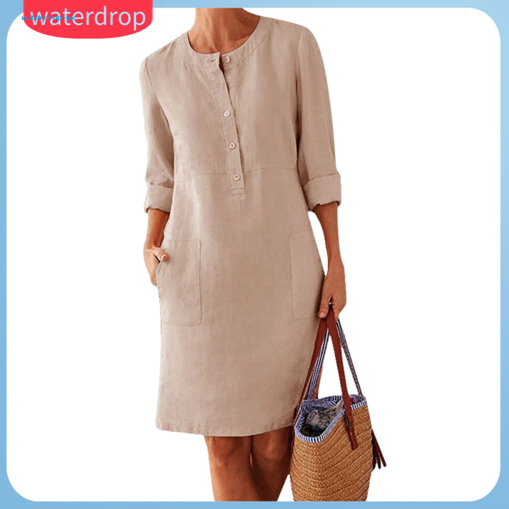 Women’s Casual Knee-length Dress Round Neck Long Sleeves with Buttons Patch Pockets – Loose Fit Solid Color Spring F