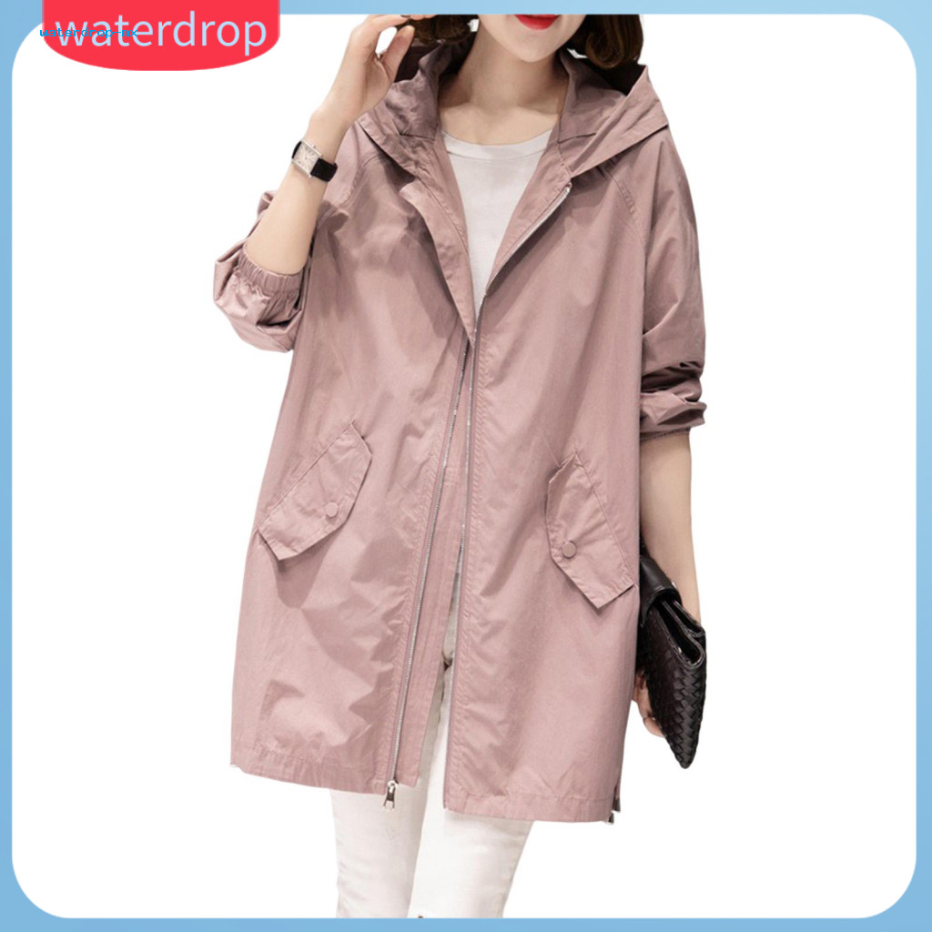 Women’s Fall Spring Hooded Zip-up Coat Lightweight Mid-length Loose Cardigan with Drawstring Pockets Casual Windbreake