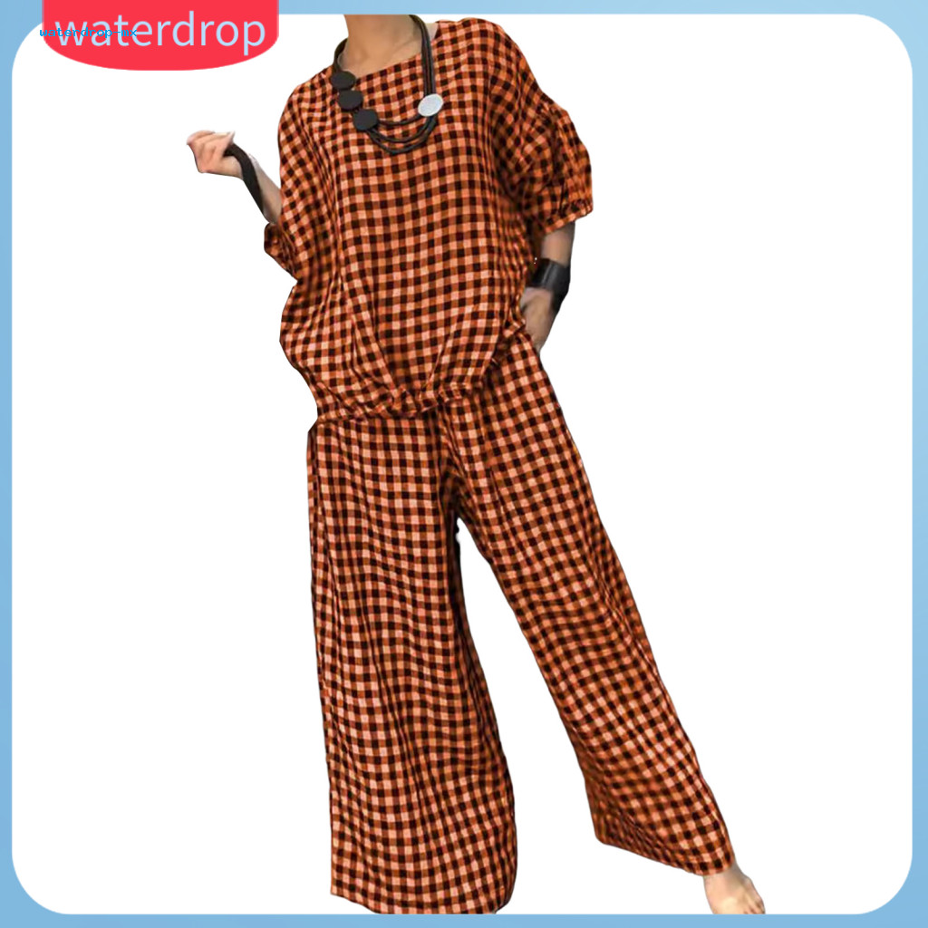 2 Pcs Women Spring Outfit Set Plaid Print T-shirt with Split Back  Wide Leg Elastic Waist Pants Casual Loose Fit Wear Co