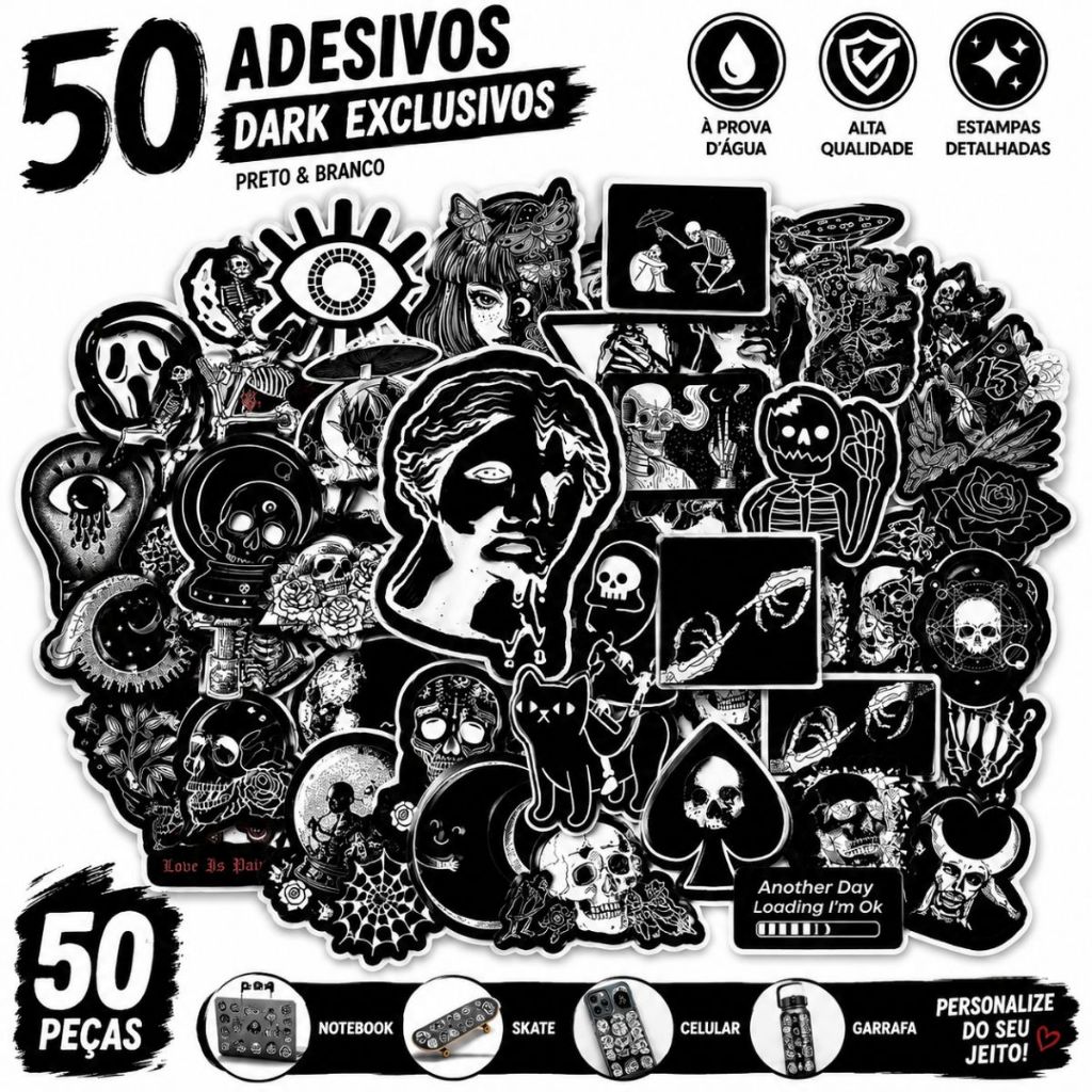 Adesivos Góticos Dark Aesthetic 50 Peças Notebook Skate Celular Capacete Waterproof Kit Exclusivos