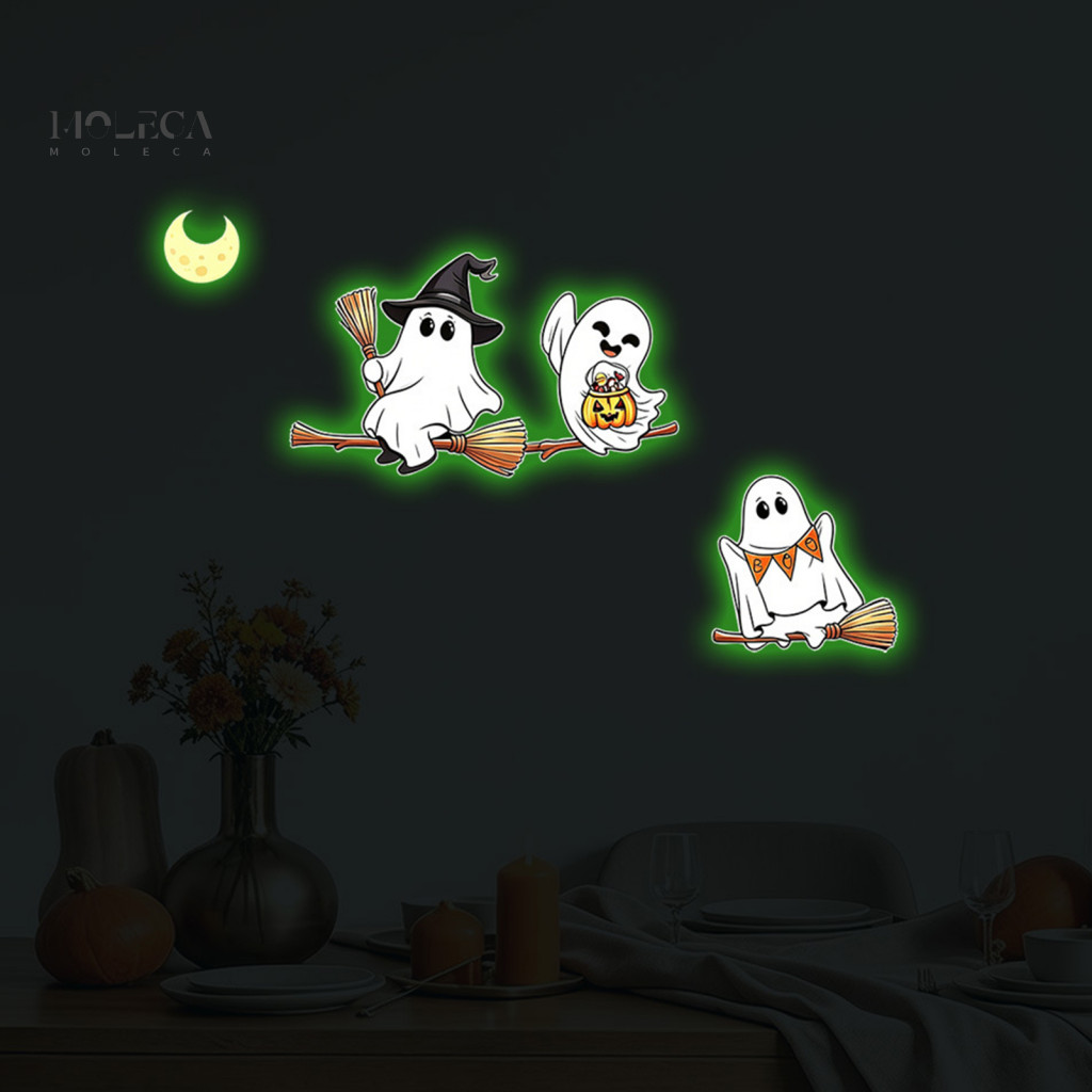Glow the Dark Halloween Stickers Cute Ghost Holiday Ornaments Glow-in-the-dark Wall Cartoon Pumpkin Decals Waterproof Re