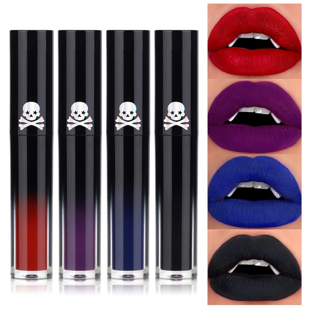 QiBest 4pcs Matte Liquid Lipstick Makeup Sets, High Pigmented Dark Black Blue Purple Red Lip Gloss Set, Waterproof Smudg