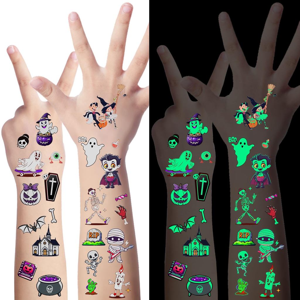 LOMIMOS 320PCS Glow in The Dark Halloween Temporary Tattoos, Waterproof Scary Removable Face & Body Stickers for Treat o