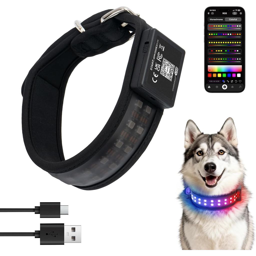 UNISE Customizable LED Dog Collar: RGB Color Changing Light Up Dog Collar, 20+ Lighting Modes & Adjustable Brightness fo