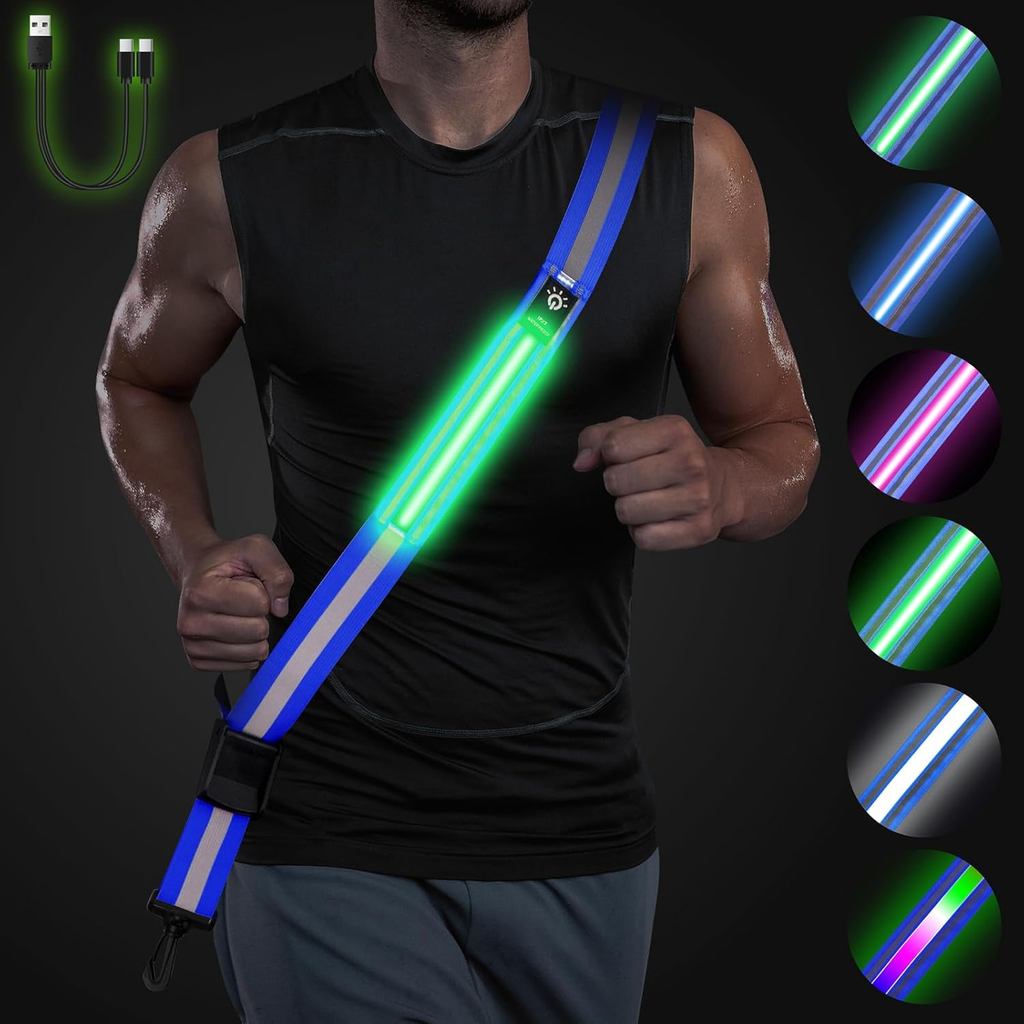 LED Reflective Belt Sash,6 Colors & 3 Light Modes High Visibility Night Rechargeable Safety Belt Adjustable Reflective R