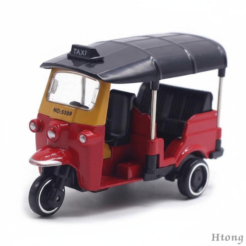 [Htong] Exibição De Triciclo De Liga Exclusiva Retrô Tri-shaw Modelo Em Miniatura Brinquedo Pull-back Para Vitrine E Col