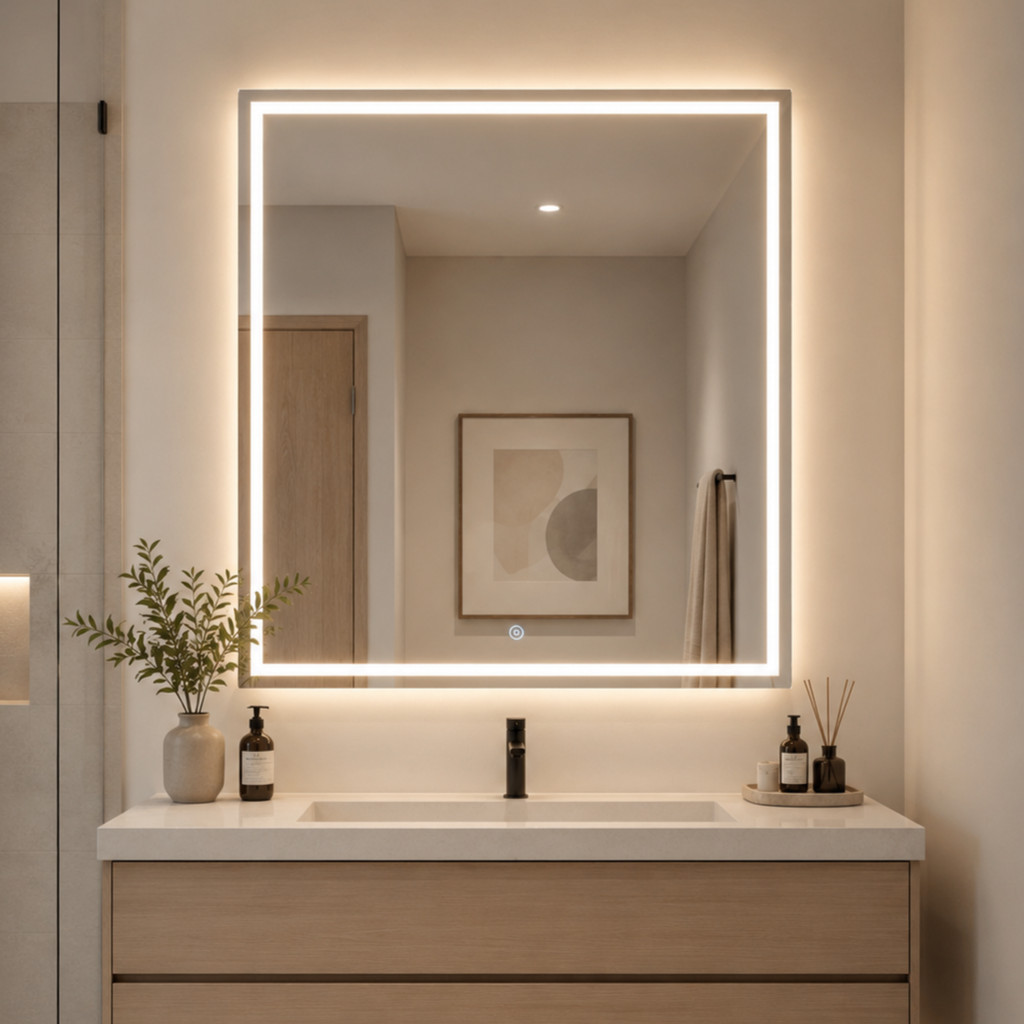 Espelho Quadrado 70x70cm Premium LED Mais Forte 3 Cores Touch Jateado Luxo Lapidado Penteadeira Banheiro