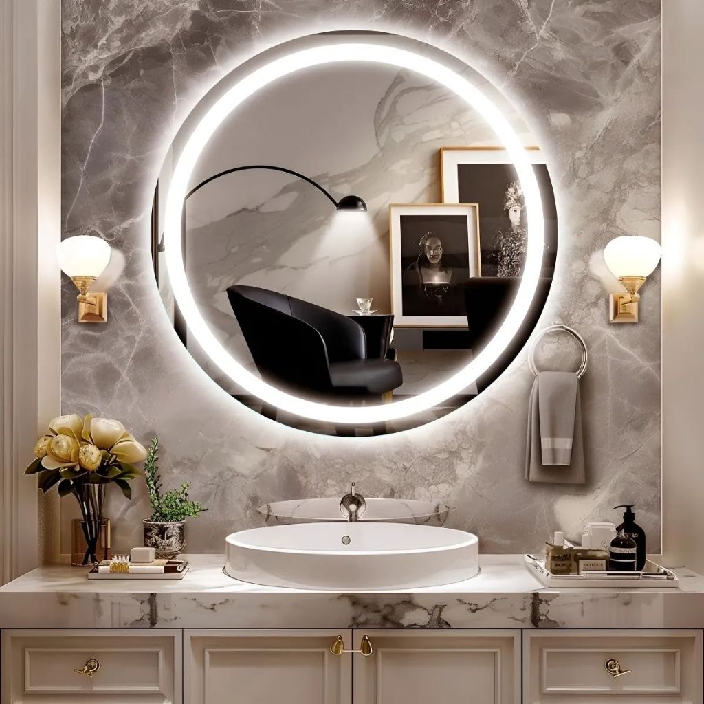 Espelho de vidro  jateado lapidado decorativo redondo 60cm luz led touch luxo