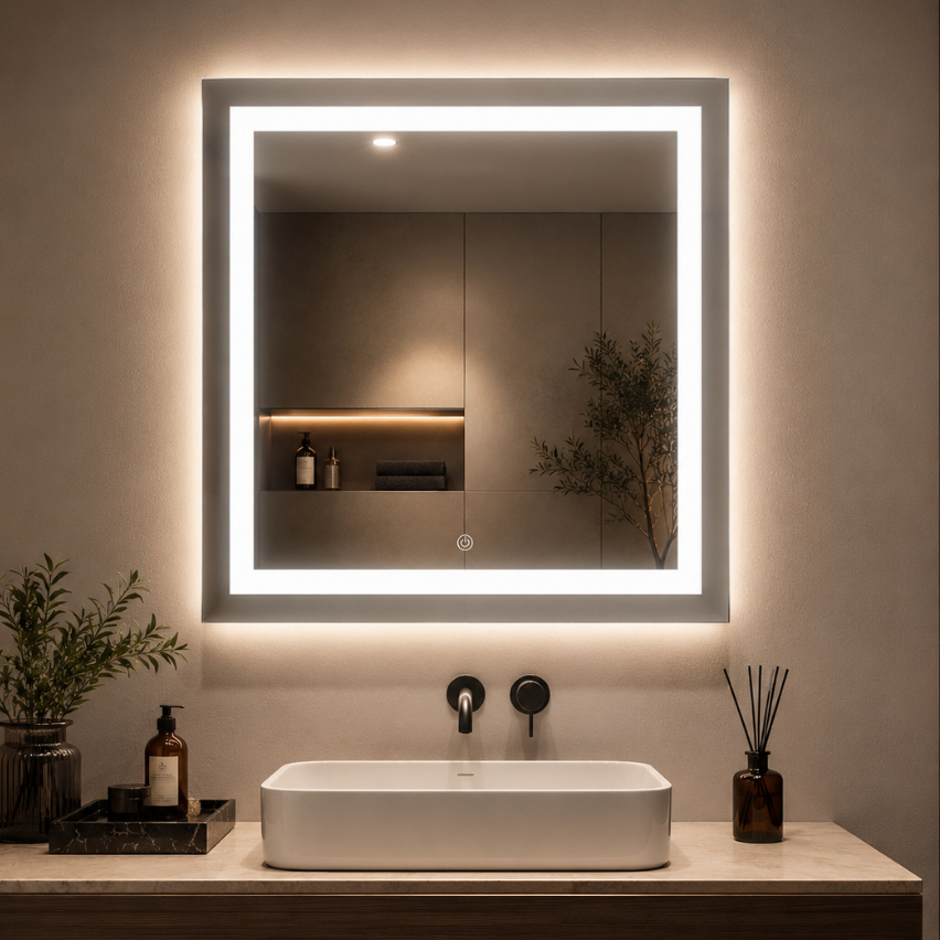 Espelho Jateado Quadrado Led Touch 60x60 Luxo Decorativo Banheiro Closet Camarim