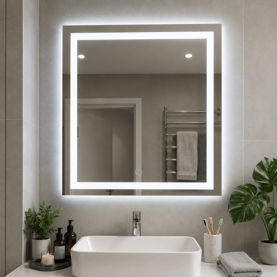 Espelho Quadrado Jateado 60x60 Touch LED Frio e Quente Decorativo Luxo