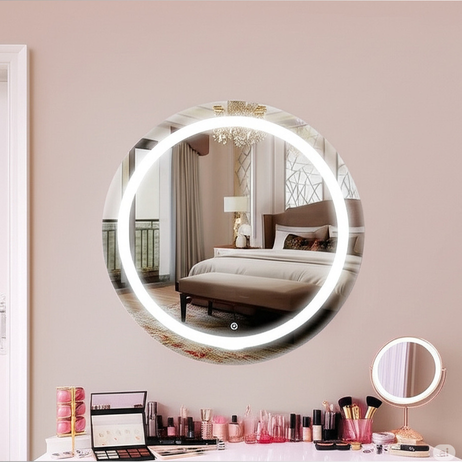 Espelho Redondo 60x60 Jateado Com Led 3 Cores Touch Screen Bivolt Luxo Decorativo Closet Banheiro Iluminado