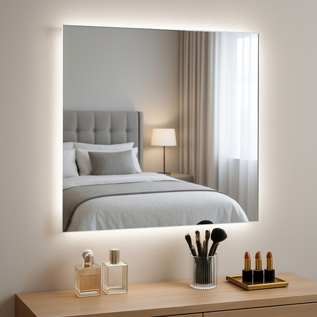 Espelho Quadrado 60x60 Lapidado Led 3 Cores Luz Indireta Decorativo Luxo Camarim Penteadeira Sala Closet