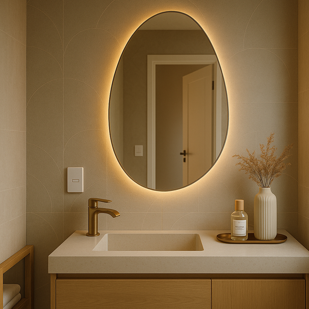 Espelho Orgânico Com Led + Fonte Bivolt Grande 70*80 Decoração Luxo Chique Moderna Banheiro Salão