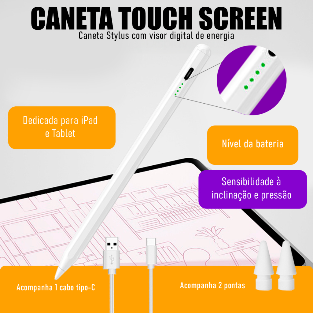 10ª Geração Caneta Touch Ponta Fina Desenho iPad iPhone Android Alta Precisão Universal Visor Bateria Original
