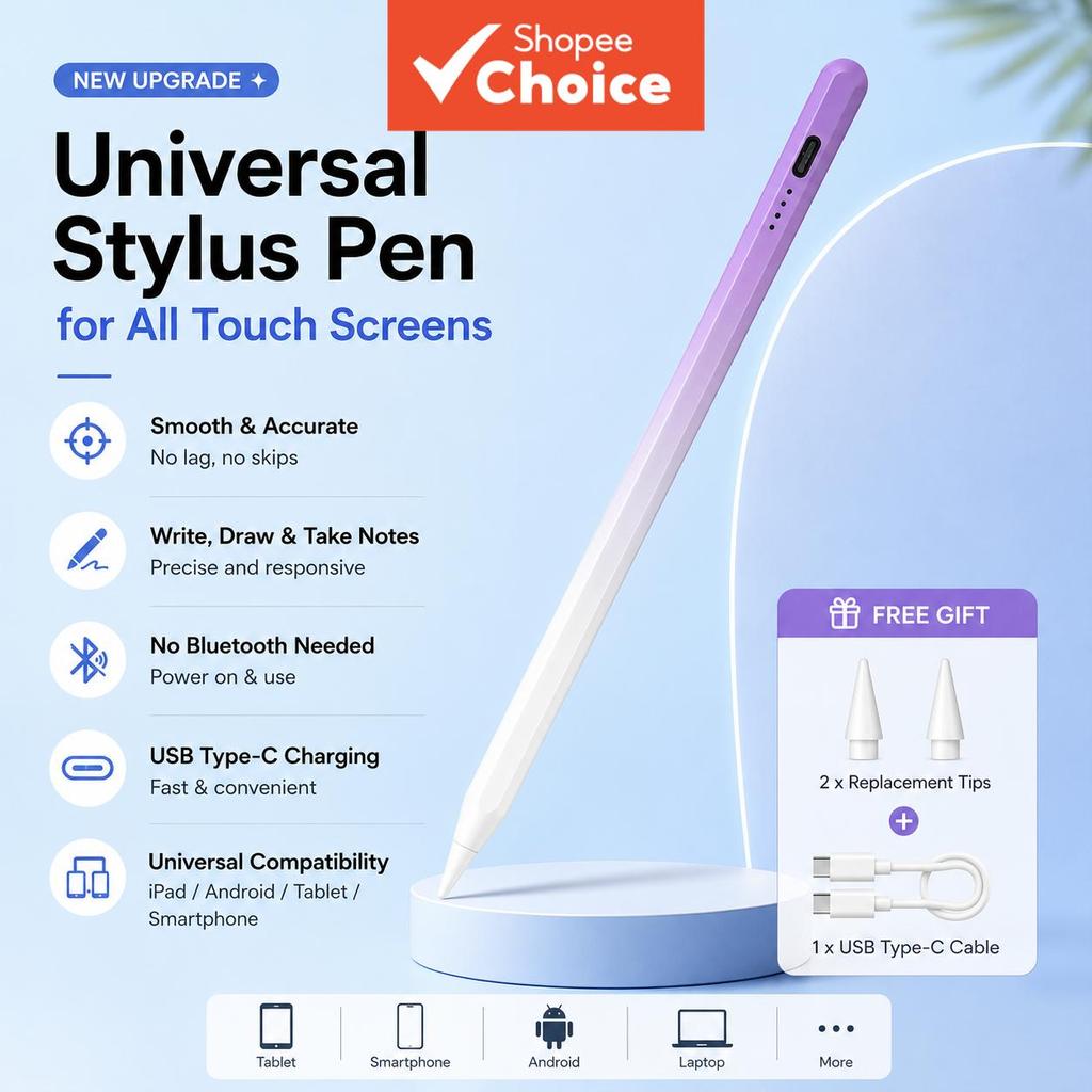Caneta Stylus Capacitiva Universal de Alta Precisão para Tela Sensível ao Toque, Compatível com Android, iOS e iPad;