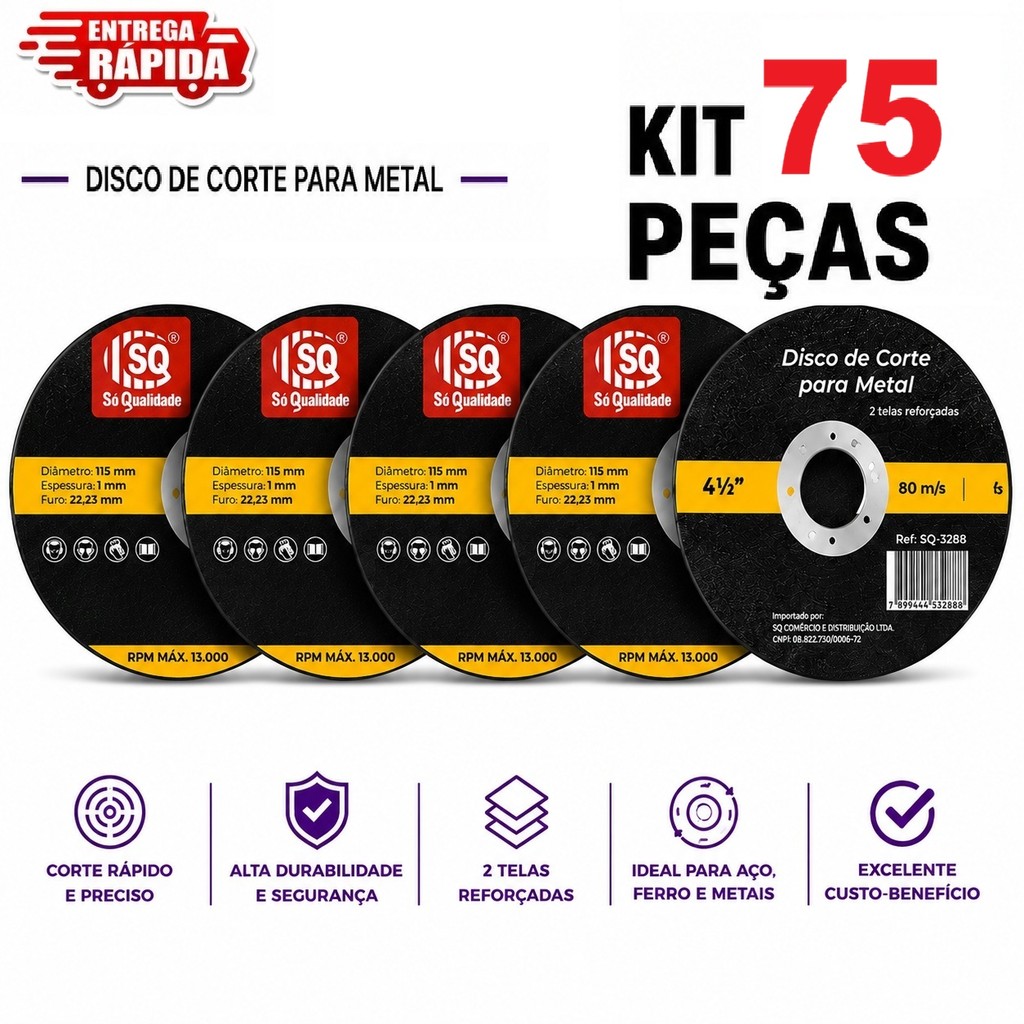 75 peças Disco de Corte 4.1/2 Metal Aço Carbono/Inox 115mm