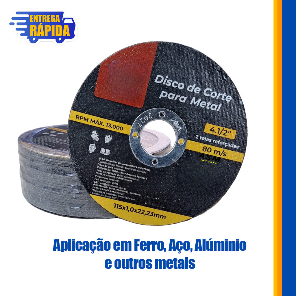 Kit 50 peças Disco de Corte 4.1/2 Metal Aço Carbono/Inox 115mm