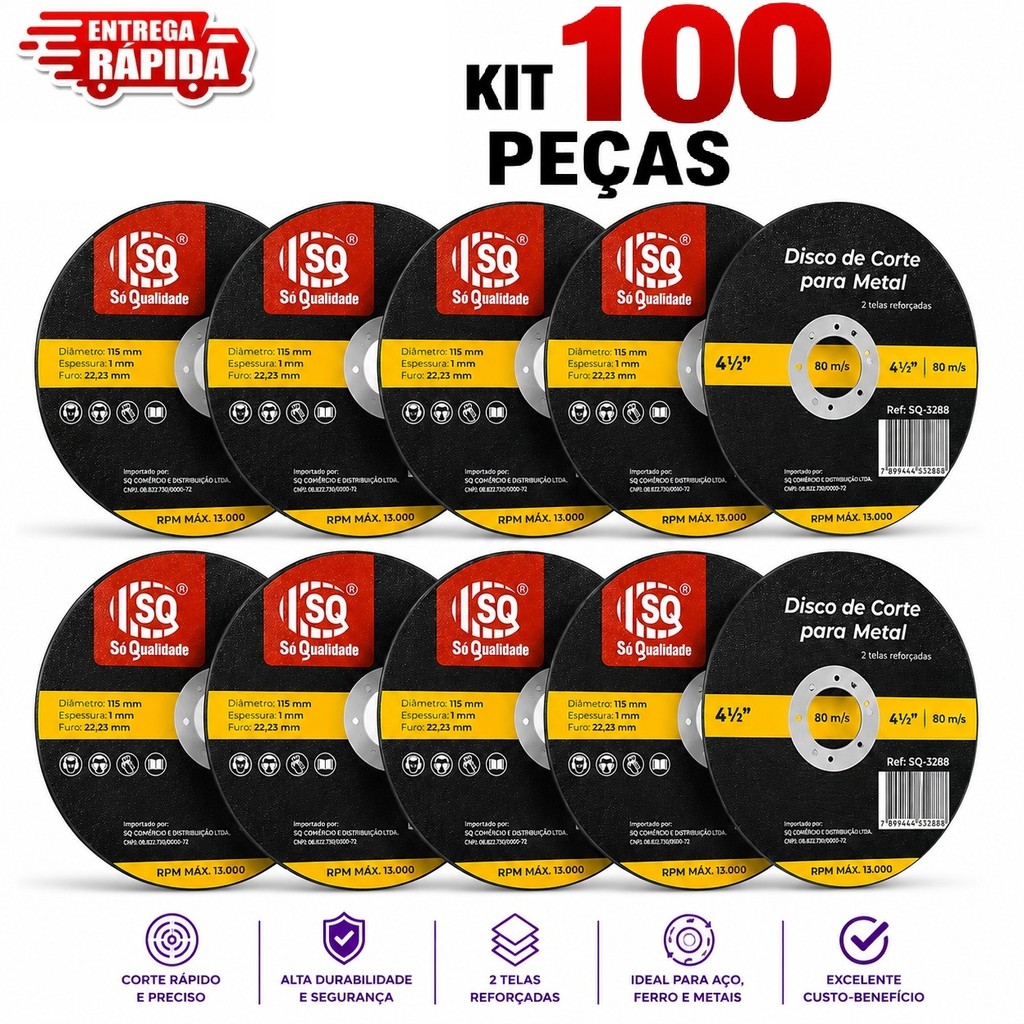 Kit 100 peças Disco de Corte 4.1/2 Metal Aço Carbono/Inox 115mm - Corte