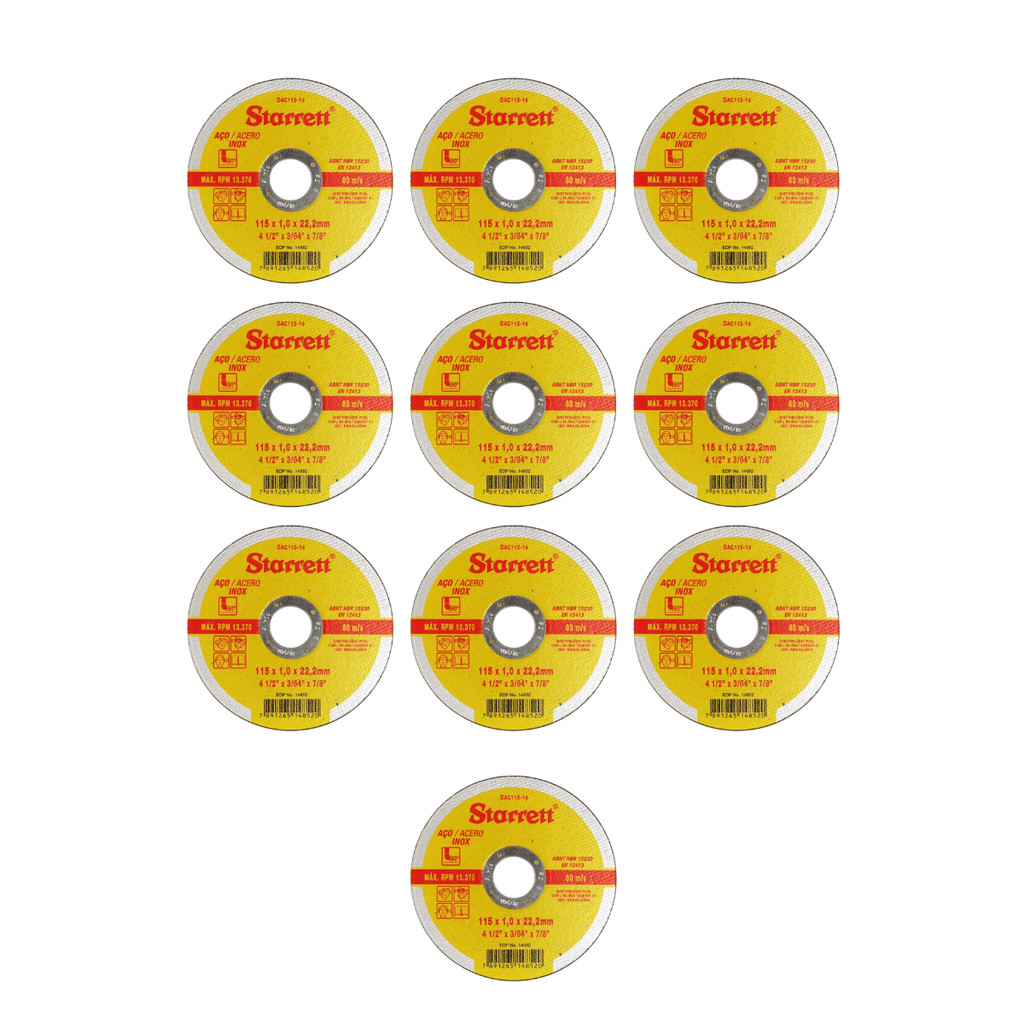 Kit 10 Disco Abrasivo Corte Aço Inox 7.0' 1.6x22 7/8 Starret