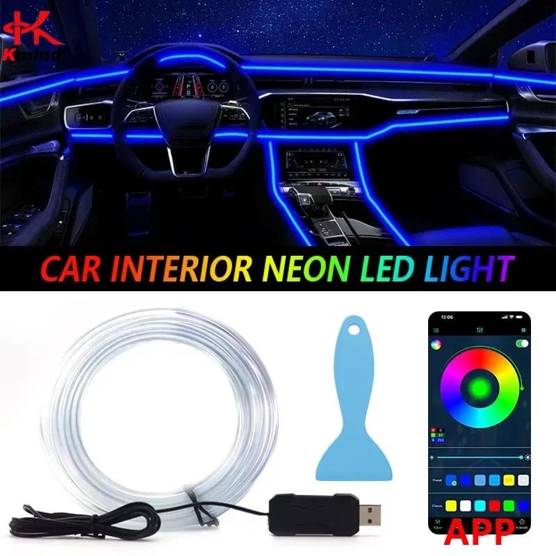 Carro RGB Ambiente LED Tira De Luz 1/3/5M Controle APP USB Fibra Óptica Atmosfera Lâmpada Néon Interior Console Decoraçã