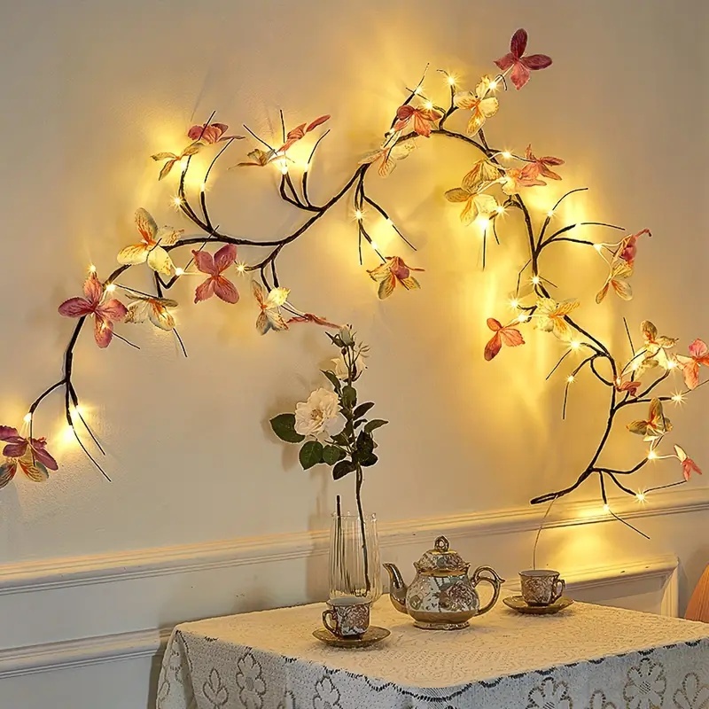 Lâmpada de Rattan em Forma de LED Flexível Borboleta Flor Folhas Decoração Interna Arranjo de Parede Luz de Atmosfera Ro